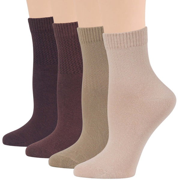 Women's cotton diabetic quarter socks in light beige, beige, brown, and dark brown displayed together on a mannequin foot.