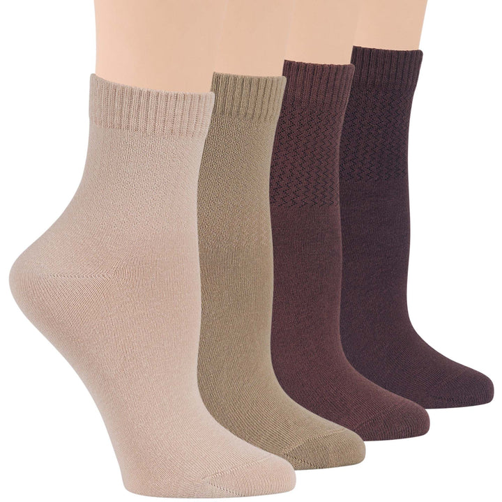 Women's diabetic quarter socks in light beige, beige, brown, and dark brown, showcasing soft cotton for ultimate comfort.