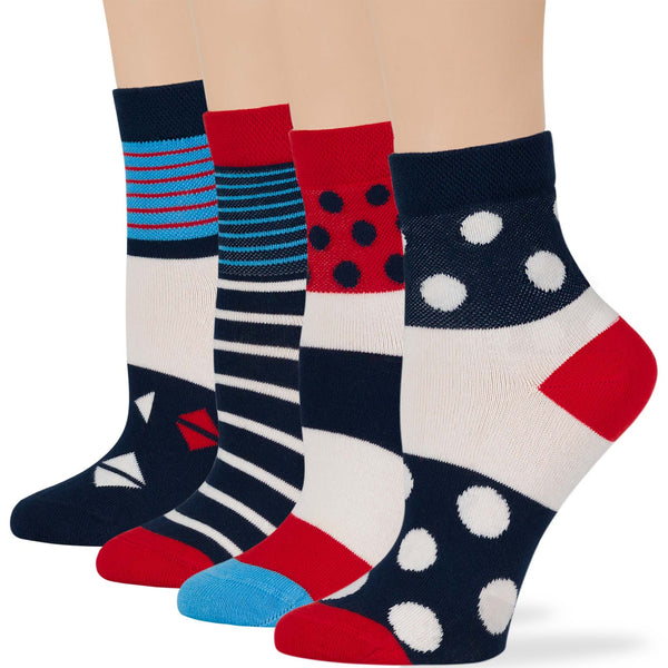 Women's Cotton Diabetic Quarter Socks - 4 Pack - Dark Navy, Blue, Red, White (A64)