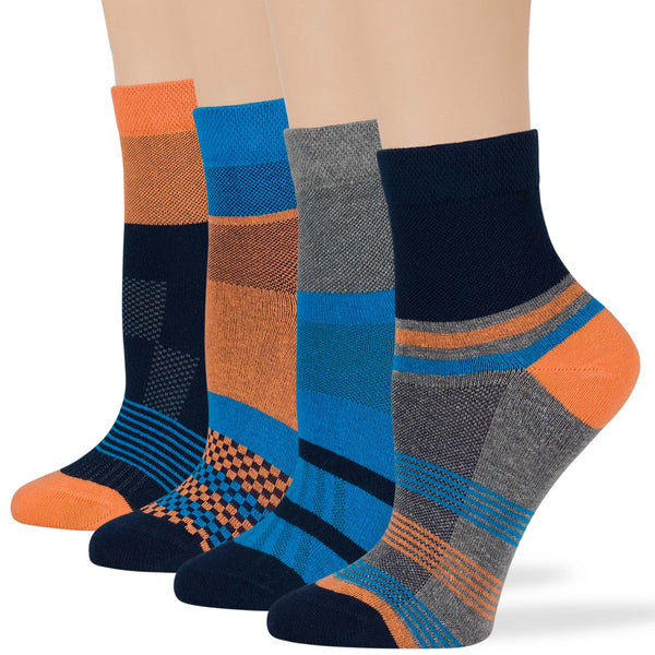 Women's Cotton Diabetic Quarter Socks - 4 Pack - Dark Navy, Grey, Denim Blue, Salmon (A65)