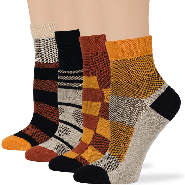 Women's Cotton Diabetic Quarter Socks - 4 Pack - Black, Brown, Orange, Cream (A66)