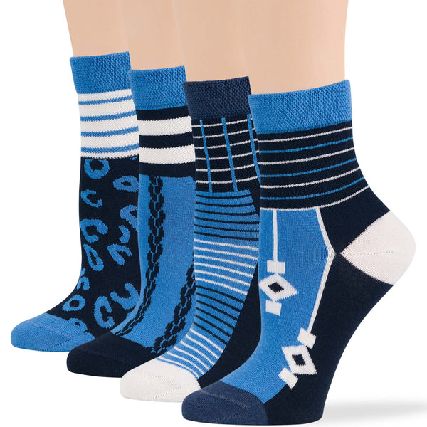 Women's Cotton Diabetic Novelty Quarter Socks - 4 Pack - Geometric (A089)