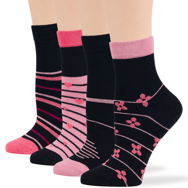 Women's Cotton Diabetic Novelty Quarter Socks - 4 Pack - Stripe (A090)