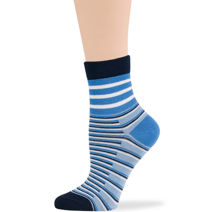 Women's cotton diabetic quarter socks in denim blue with geometric striped pattern, seamless and breathable for ultimate comfort.