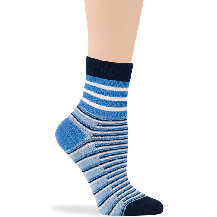 Denim Blue Women's Cotton Diabetic Quarter Socks with Geometric and Stripe Pattern - Soft, Breathable, Non-Binding - 4 Pack (A091)