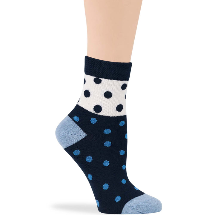 Women's Cotton Diabetic Quarter Socks in Denim Blue with Polka Dot Pattern and Seamless Design - Comfortable Non-Binding Fit