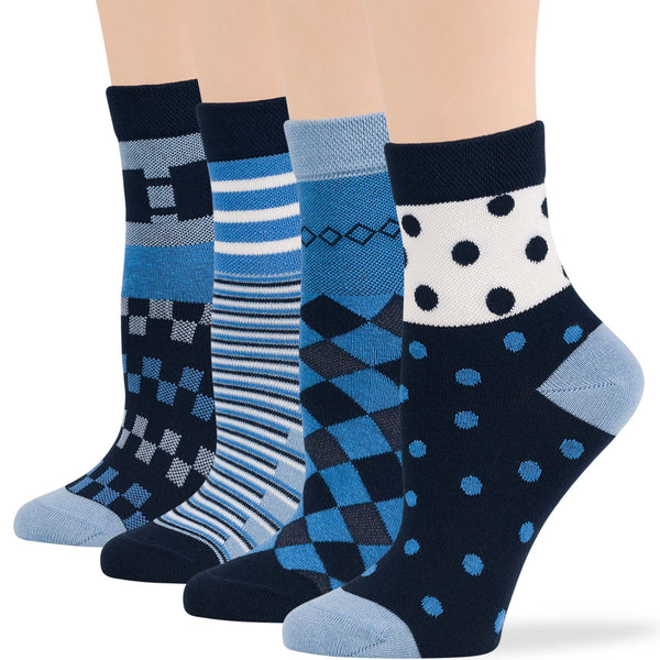 Women's Cotton Diabetic Patterns Quarter Socks - 4 Pack, Geometric, Polka Dot, Stripe, Argyle in Denim Blue and Dark Navy Colors (A091)