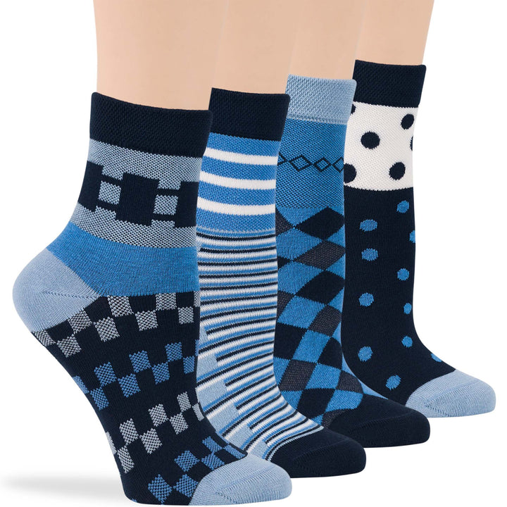 Women's Cotton Diabetic Quarter Socks - 4 Pack Geometric Patterns - Denim Blue, Dark Navy - Seamless and Non-Binding - A091