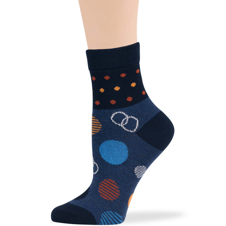 Women's cotton diabetic quarter socks in dark navy with polka dot and stripe patterns, seamless, non-binding, breathable, ideal for neuropathy.