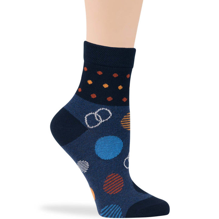 Dark navy quarter socks with colorful polka dots and stripes pattern for women, made from Turkish premium cotton, ideal for diabetics.