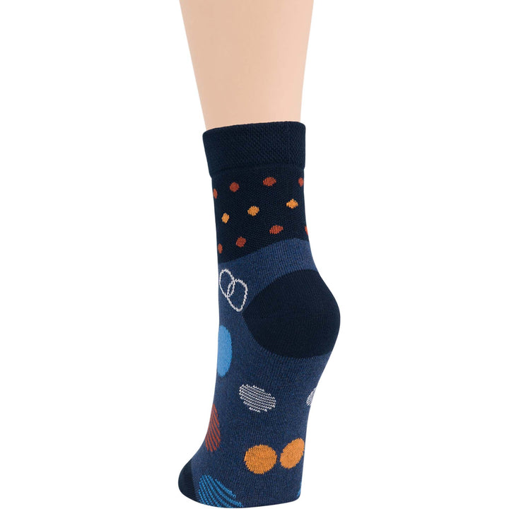 Women's dark navy quarter socks with polka dot and stripe patterns, made from Turkish premium cotton for comfort, non-binding and breathable.