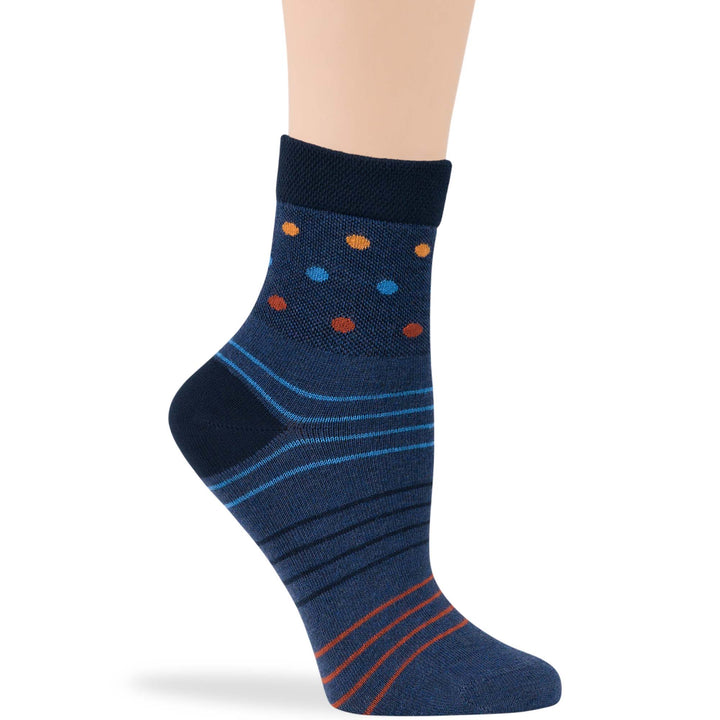 Dark navy and indigo blue women's diabetic quarter socks with polka dot and stripe patterns for comfort and neuropathy relief.