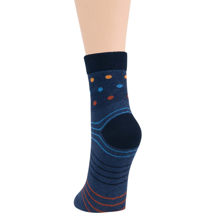 Dark navy, indigo blue, orange patterned women's quarter sock with polka dot and stripe design for diabetics, seamless and non-binding.