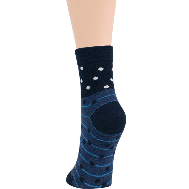 Dark navy women's cotton quarter sock with polka dot and stripe pattern, seamless and non-binding, ideal for diabetic comfort.