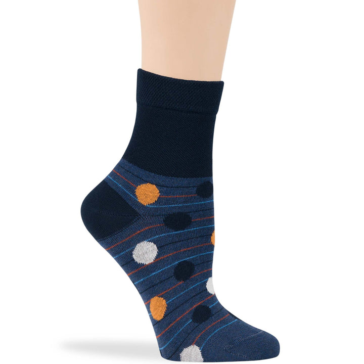 Women's dark navy quarter socks with polka dot and stripe pattern, seamless and non-binding, made from Turkish cotton for comfort.