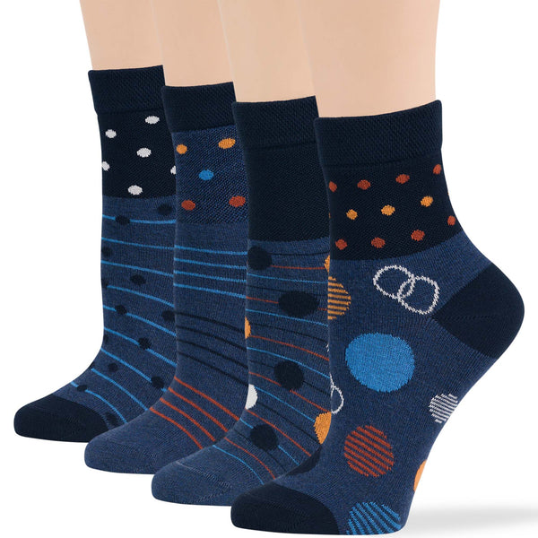 Women's cotton diabetic quarter socks in dark navy, indigo blue, and orange with polka dot and stripe patterns, 4 pack, breathable and seamless.