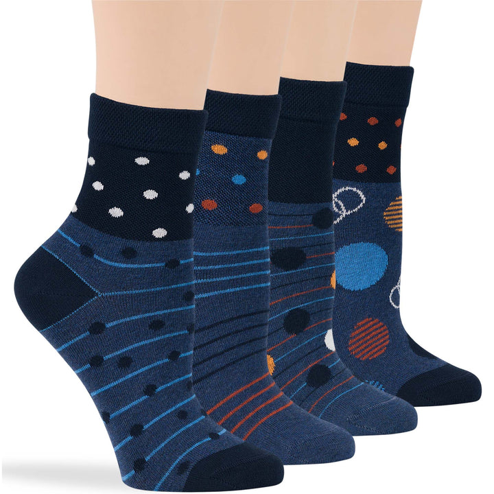 Women's cotton diabetic quarter socks 4 pack with polka dot and stripe patterns in dark navy, indigo blue, and orange colors.