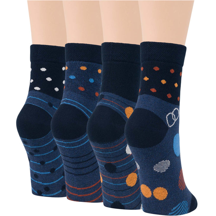 Women's dark navy and indigo blue cotton diabetic quarter socks with polka dot and stripe patterns - 4 pack.