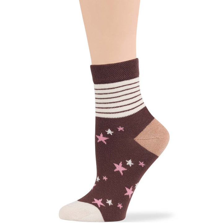 Brown and beige women's cotton diabetic quarter sock with star, polka dot, and stripe patterns, providing ultimate comfort and breathability