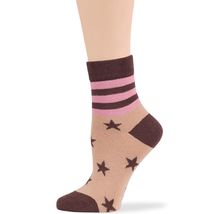 Women's diabetic quarter socks with star and stripe pattern in brown and beige, made from Turkish premium cotton for softness and comfort.