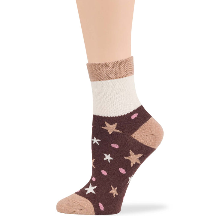 Women's cotton diabetic quarter socks in brown with star pattern, seamless, breathable, prewashed, premium Turkish cotton, comfortable for neuropathy.