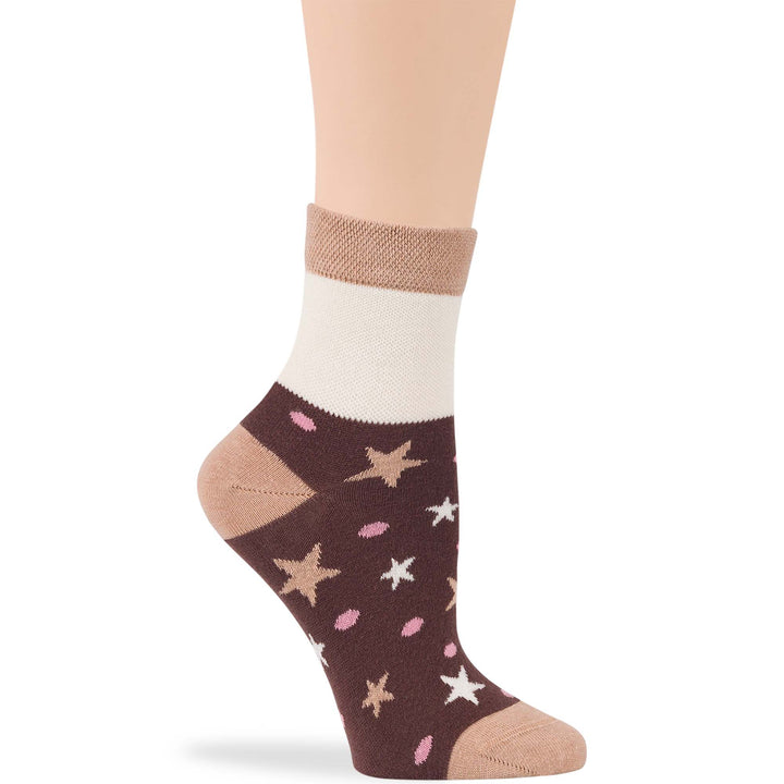 Brown and beige women's cotton diabetic quarter socks with star pattern - soft, breathable, seamless, good for neuropathy and edema.