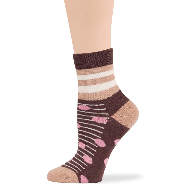 Brown and beige women's cotton diabetic quarter sock with star, polka dot, and stripe pattern featuring non-binding, breathable design