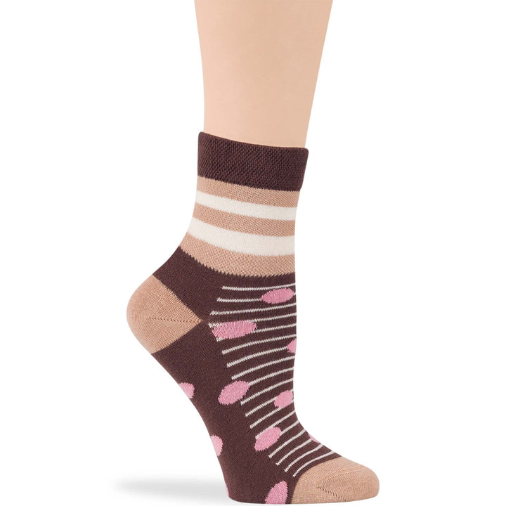 Women's Brown and Beige Quarter Diabetic Sock with Polka Dot and Stripe Pattern for Neuropathy and Edema