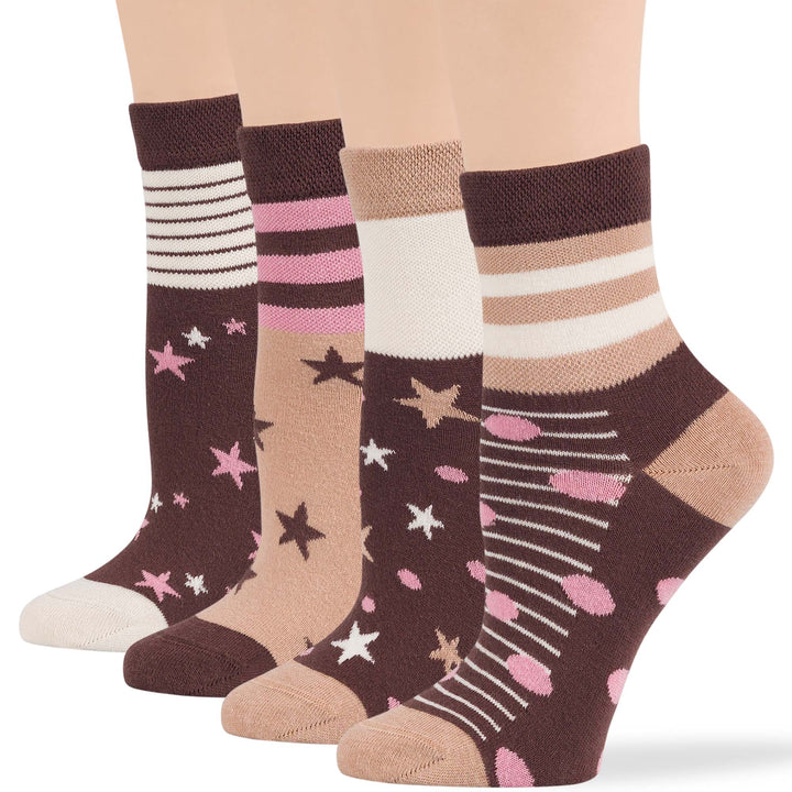 Women's Cotton Diabetic Quarter Socks - 4 Pack in Brown, Beige, Ecru with Star, Polka Dot, Stripe patterns - Seamless, Non-Binding, Breathable.