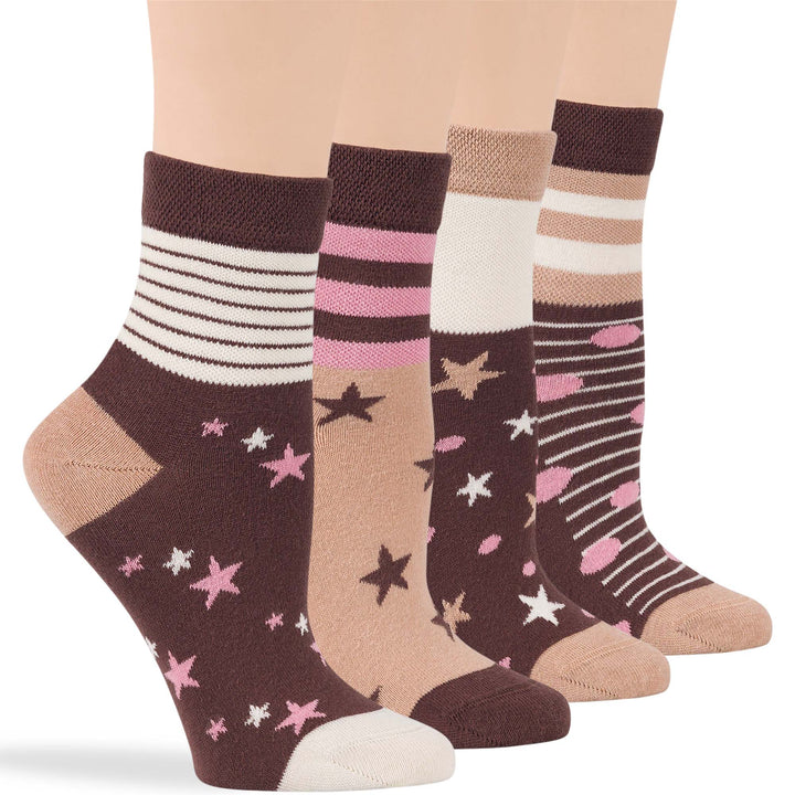 Women's Cotton Diabetic Quarter Socks - 4 Pack with Star, Polka Dot, Stripe Patterns in Brown, Beige, and Ecru for Comfort and Neuropathy Relief