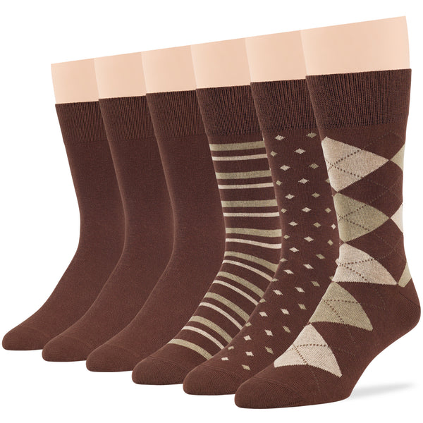 Men's Cotton Patterned Crew Socks - 6 Pack - Brown (A17)