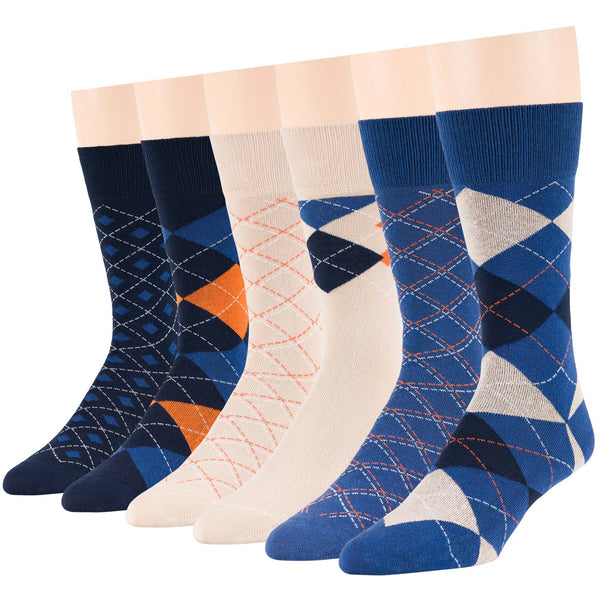 Men's Cotton Patterned Crew Socks - 6 Pack - Dotted, Striped, Argyle (A37)