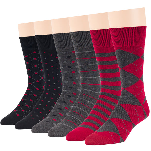 Men's Cotton Patterned Crew Socks - 6 Pack - Argyle, Polka Dot, Striped (A38)