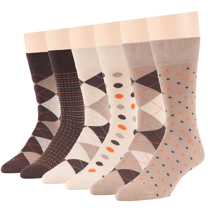 men-cotton-dress-socks-6-pack-large-argyle-polka-dot-stripes-beige-tan-brown