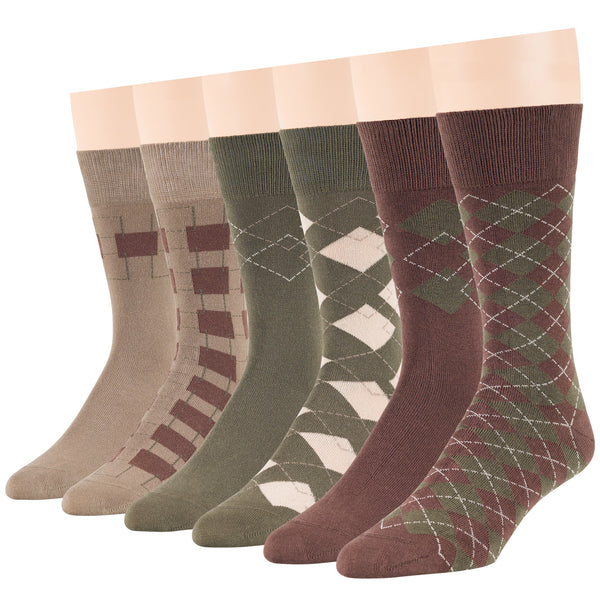 Men's Cotton Patterned Crew Socks - 6 Pack - Diamond, Geometric (A40)