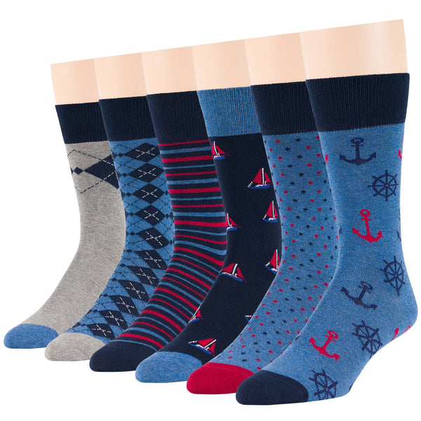 Men's Cotton Novelty Crew Socks - 6 Pack - Sail, Anchor, Dot, Striped (A41)