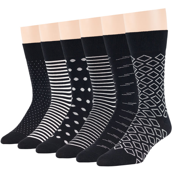 Men's Cotton Novelty Crew Socks - 6 Pack - Diamond, Polka Dot, Striped - Black (A42)