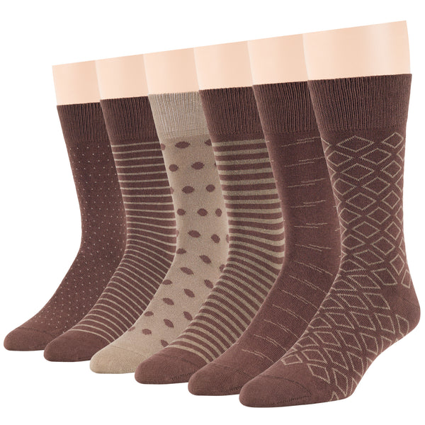 Men's Cotton Novelty Crew Socks - 6 Pack - Diamond, Polka Dot, Striped - Brown (A42)