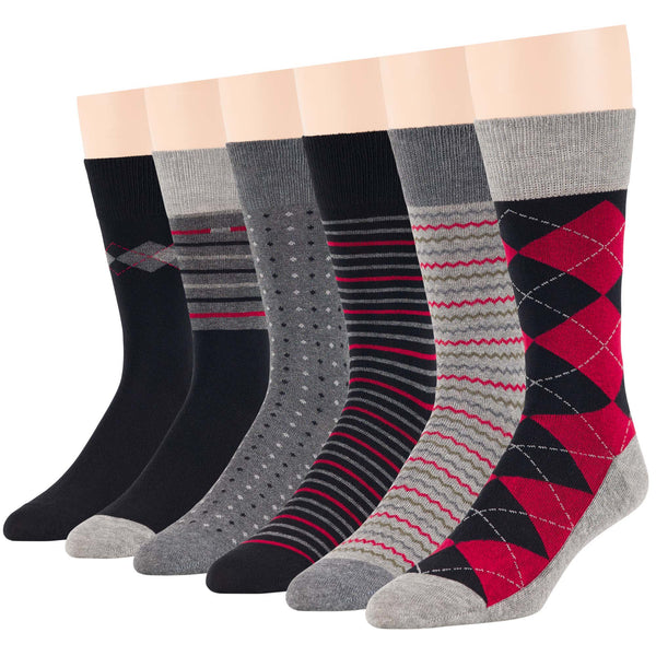 Men's Cotton Patterned Crew Socks - 6 Pack - Argyle, Dotted, Striped (A43)