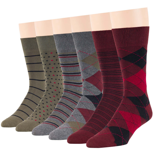 Men's Cotton Patterned Crew Socks - 6 Pack - Argyle, Dotted, Striped (A44)