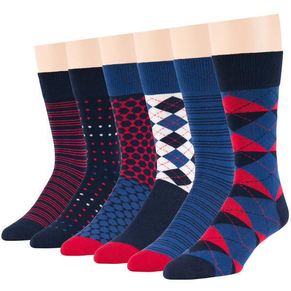 Men's Cotton Novelty Crew Socks - 6 Pack - Argyle, Diamond, Hexagon, Dotted, Striped (A45)