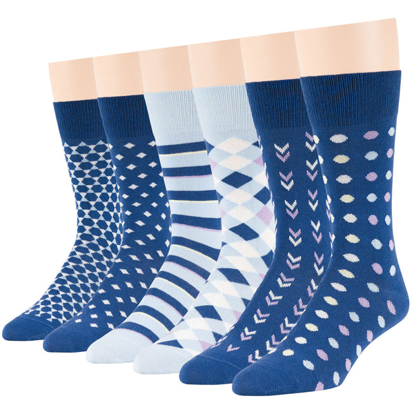 Men's Cotton Novelty Crew Socks - 6 Pack - Diamond, Hexagon, Polka Dot, Striped (A46)