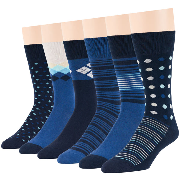 Men's Cotton Novelty Crew Socks - 6 Pack - Diamond, Polka Dot, Striped (A47)