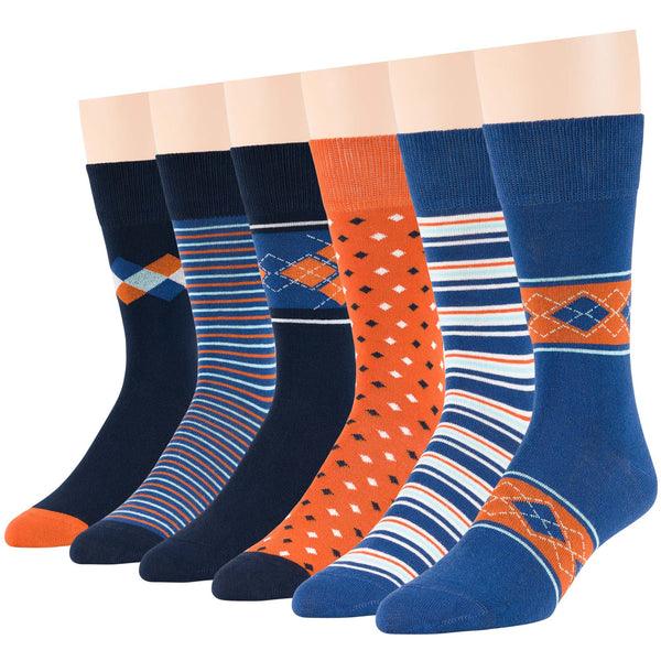 Men's Cotton Novelty Crew Socks - 6 Pack - Argyle, Diamond, Dotted, Striped (A48)