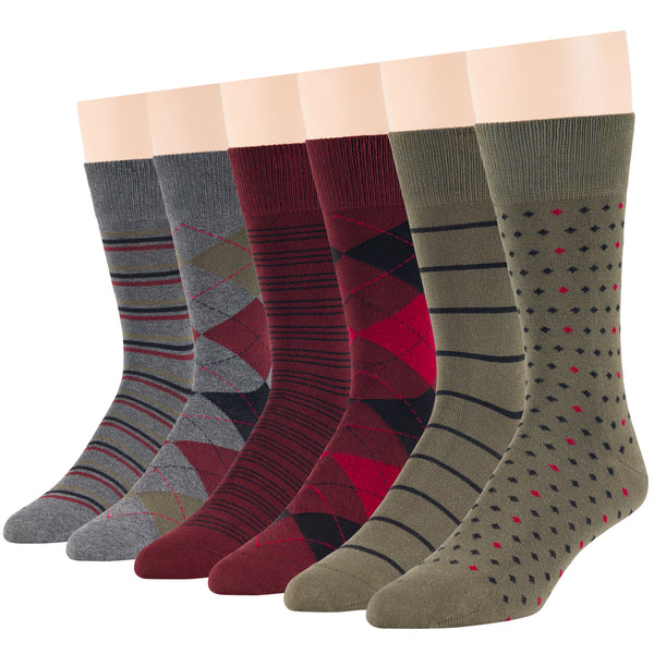 men-cotton-dress-socks-6-pack-large-casual-argyle-dot-stripe-grey-burgundy-green