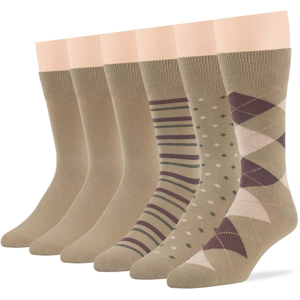 Men's Cotton Patterned Crew Socks - 6 Pack - Khaki (A17)