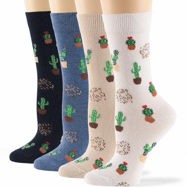 Women's Cotton Novelty Crew Socks - 4 Pack - Cactus (A27)