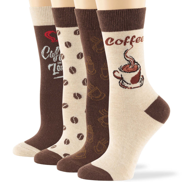 Women's Cotton Novelty Crew Socks - 4 Pack - Coffee Beans (A28)