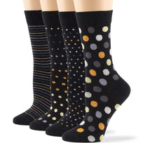 Women's Cotton Novelty Crew Socks - 4 Pack - Polka Dots, Stripes - Black (A29)