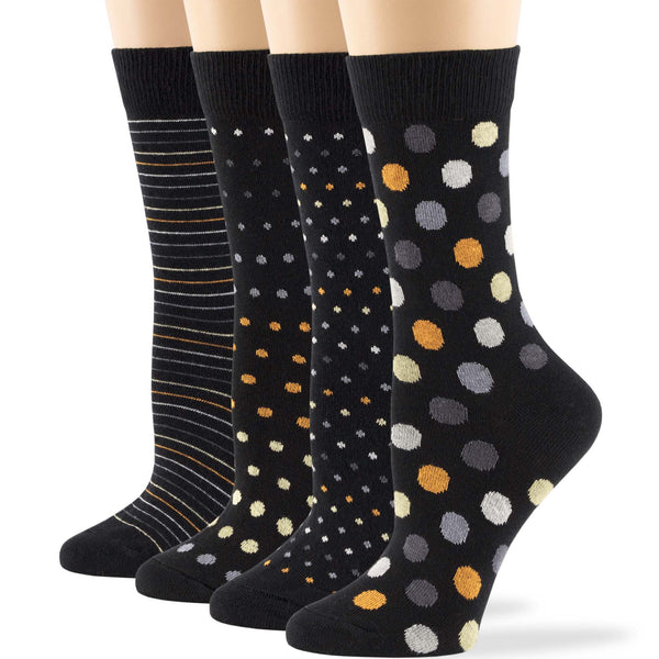 Women's Cotton Novelty Crew Socks - 4 Pack - Polka Dots, Stripes - Black (A29)